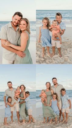 a family poses on the beach with their two children