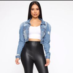 Never Worn, Tags Still Attached Fitted Casual Cropped Jacket For Day Out, Casual Fitted Cropped Jacket For Day Out, Fashion Nova Shirts, Cutout Shirts, Cropped Jean Jacket, Black Mesh Top, Crop Jean Jacket, Fashion Nova Tops, Lace Top Long Sleeve