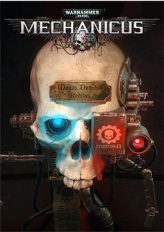 the cover to warhammer's mechanicalus, featuring a skull with blue eyes