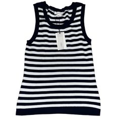 Nwt Blue & White Striped Sleeveless Sweater S Navy Tank Top For Spring, Navy Stretch Tank Top, Fitted Navy Tank Top For Spring, Navy Fitted Sleeveless Tank Top, Navy Fitted Sleeveless Top, Navy Sleeveless Vest Top, Navy Sleeveless Stretch Top, S Crew, Sleeveless Sweater