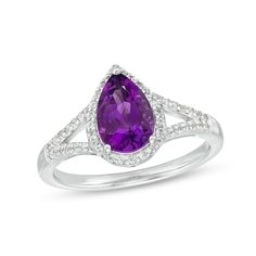 Bring romantic color to any look when you wear this pear-shaped purple amethyst and white lab-created sapphire frame split shank ring in silver. Fashioned in sterling silver This choice glistens with a 9.0 x 6.0mm pear-shaped bright purple amethyst at the center. White lab-created sapphires line the halo frame and the ribbons of the split shank for added shimmer. Amethyst is the traditional birthstone for February and represents peace and tranquility. Formal Teardrop Amethyst Ring In Fine Jewelry Style, Elegant Teardrop Amethyst Ring, Elegant Teardrop Purple Amethyst Ring, Elegant Teardrop Amethyst Gemstone Ring, Elegant Pear-shaped Amethyst Ring For Formal Occasions, Purple Teardrop Amethyst Ring For Anniversary, Elegant Purple Teardrop Amethyst Ring, Elegant Pear-shaped Amethyst Anniversary Ring, Elegant Formal Pear-shaped Amethyst Ring