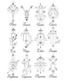 the zodiac signs and their meanings are drawn in black ink on a white paper with an ornate