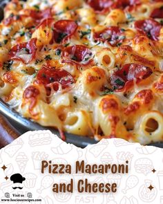 the pizza macaroni and cheese is ready to be served on the table for people to eat