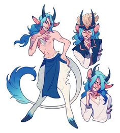 three cartoon characters with blue hair and horns