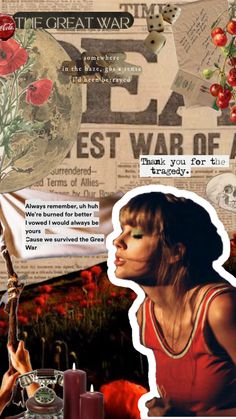 a collage of photos with red flowers and words in the middle, including an image of a woman's face