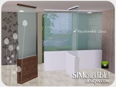 an image of a modern bathroom setting with flowers on the wall and glass partitions