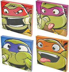 four teenaged ninja turtles painted on different colored canvases, each with their own face