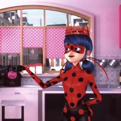 an animated ladybug is standing in the kitchen with her hands out to someone