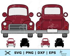 an old red truck is shown with the front and back sides cut outs on it