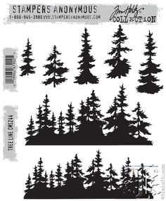 the silhouettes of pine trees are shown in black and white, as well as an outline