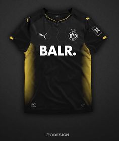 a black and yellow soccer jersey with the word ballr on it's chest