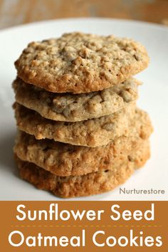 three oatmeal cookies stacked on top of each other with the words, sunflower seed oatmeal cookies