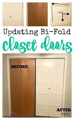 the before and after pictures of an updating bifold closet door with text overlay