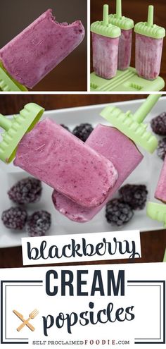 blackberry ice cream popsicles on a white plate