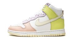 The Women's Nike Dunk High “Lemon Twist” is a women’s version of the classic basketball shoe in a summer-inspired colorway.  With its various pastel colors, the “Lemon Twist” is primed for casual wear during the warmer months of the year, but no less appealing no matter the season.  The upper’s white leather base is contrasted by pastel-colored leather panels, including light pink on the toe cap, violet purple on the eyelets, and neon green on the collar and heel.  A light green leather Swoosh a Nike Dunks High, Lemon Twist, Yellow Heels, Nike Dunk High, Cute Nike Shoes, Dunk High, Nike Brand, Months Of The Year, Cute Nikes