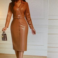 Women’s Below Knee Coffee Color Dress Brand New Brown Button-up Office Dress, Elegant Brown Faux Leather Dress, Brown Formal Dress With Button Closure, Emerald Velvet Dress, Black Embroidered Dress, Satin Long Sleeve, Black Sweater Dress, Coffee Color, Large Dress