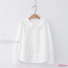 Qteee - Cute Cartoon Lace Doll Collar Patchwork Solid Color Long Sleeve Shirt Casual White Blouse With Doll Collar, Cute White Tops With Lace Collar, Cute White Top With Lace Collar, White Casual Top With Lace Collar, Casual White Top With Lace Collar, Solid Cotton Tops With Doll Collar, White Cotton Top With Lace Collar, White Cotton Doll Collar Shirt, White Cotton Shirt With Doll Collar