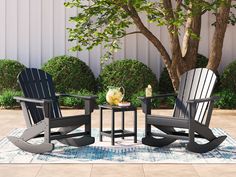 PKG021085 Add cottage-quaint charm to your outdoor oasis with this rocking chair and table set. Made of MEGA TUFF™ high-density polyethylene material, it’s sure to weather the seasons beautifully. Designed to shed rainwater, the slatted styling and classic Adirondack design provide exceptional form and function. Color: Black Chair And Table, Outdoor Rocking Chairs, Outdoor Oasis, Patio Table, The Seasons, Table Set, Outdoor Patio Furniture, Rocking Chair, Outdoor Seating