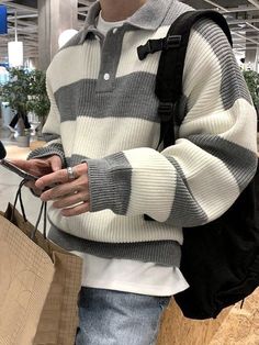 Multicolor Casual Collar manga larga Lana Peinada Color combinado,A rayas Pullovers Embellished Elástico Alto Mens Fall Outfits, Guys Clothing Styles, Pullover Outfit, Loose Knit Sweaters, Men Plus Size, Cool Outfits For Men, Ținută Casual, Collar Sweater, Knitwear Men