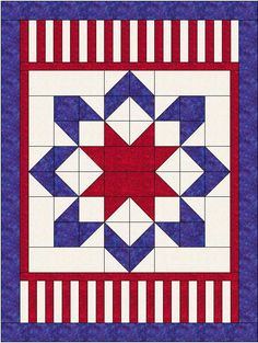 a red, white and blue quilt with an american flag star on it's center