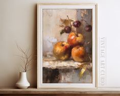 a painting of apples on a shelf next to a vase