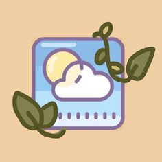 an illustration of a laptop with a cloud and sun in the middle, surrounded by green leaves