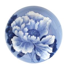 a blue and white plate with flowers painted on it