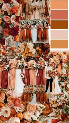 a collage of images with different colors and flowers on them, including oranges, browns