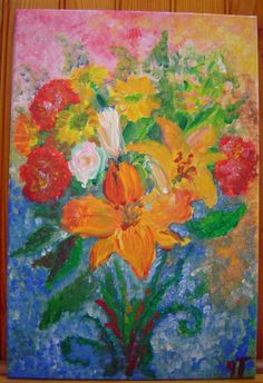 an oil painting of flowers in a vase