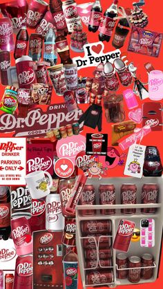 a collage of different types of food and drink items on a red background with the words dr pepper above it