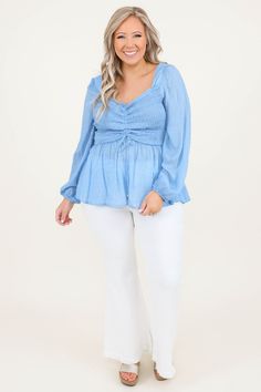 You'll be rushing back to get this top if you don't get it today! This top has a classic blue color and a super soft, comfy fabric! Not to mention the adorable bubble sleeve and ruching fabric on the chest which is sure to keep you looking nice and stylish all season long! Pair it with skinnies and booties for a trendy seasonal outfit! 100% Rayon Casual Ruched Puff Sleeve Long Sleeve Top, Casual Ruched Puff Sleeve Long Top, Casual Long Sleeve Ruched Puff Sleeve Top, Spring Ruched Tops With Balloon Sleeves, Flowy Casual Ruched Top, Spring Ruched Balloon Sleeve Top, Casual Flowy Ruched Tops, Blue Ruched Long Sleeve Top, Blue Long Sleeve Ruched Top