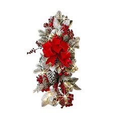 a red and silver christmas wreath with poinsettis, pine cones and berries