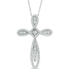 Treat the one you love to this dazzling expression of faith. Expertly crafted in cool 10K white gold, this looping cross is completely outlined with shimmering round accent diamonds that catch the eye. At the center of the style, and decorating the four corners, additional round diamonds sparkle in radiant glory. So lush and so lovely, this cross pendant captivates with 1/2 ct. t.w. of diamonds and a polished shine. The cross suspends along an 18.0-inch rope chain that secures with a spr... Diamond Cross Necklace, Symbolic Jewelry, Local Jewelry, Diamond Cross, Cross Jewelry, Diamond Stud, Four Corners, Gorgeous Jewelry, Diamond Earrings Studs