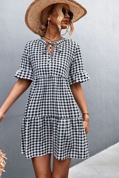 Plaid Tie Neck Tiered Dress Casual A-line Plaid Dress, Spring Beach Plaid Dress, Summer Plaid Dress For Vacation, Summer Vacation Plaid Midi Dress, Lined Plaid Summer Dress, Lined Plaid Dress For Summer, Summer Plaid Lined Dress, Plaid Sundress Mini Dress For Vacation, Plaid Midi Dress For Vacation