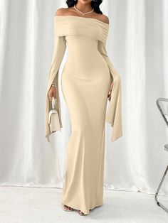 SHEIN Privé Spring/Summer Off Shoulder Long Sleeve Bodycon Dress With Side SlitI discovered amazing products on SHEIN.com, come check them out! Elegant Long Sleeve Dresses Classy, Nude Formal Dress, Modern Fits, Issa Vibe, Oh Polly Dresses, Dress With Collar, Modesty Outfits, Plus Size Mini Dresses, Pretty Bike