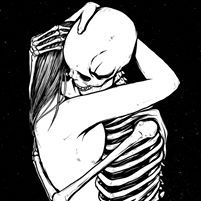 a black and white drawing of a skeleton hugging someone's head in the dark