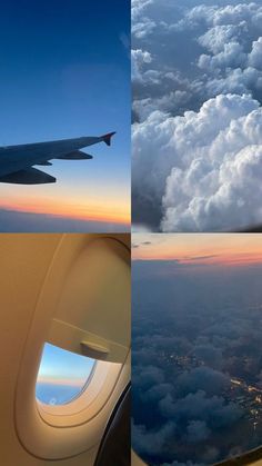 the view from an airplane window at sunset or dawn, and clouds in the sky