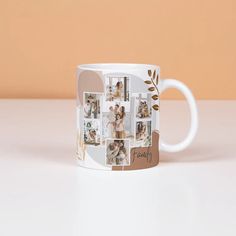 a coffee mug with photos on it sitting on a white table next to an orange wall