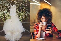 a woman holding a coffee cup and looking at her phone next to a wedding dress