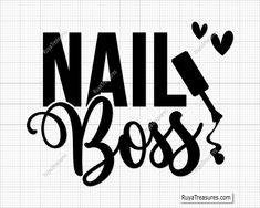 nailing logo with the word nail boss in black on a white background, surrounded by hearts