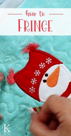 A had touches the end of white fringe sticking off of a snowman's red and green scarf. Machine Embroidery Basics, Embroidery Christmas Gifts, Machine Embroidery Gifts, Winter Sewing Projects, Fsl Embroidery, Christmas Applique Designs