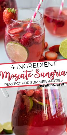 two glasses filled with sangria next to limes and strawberries