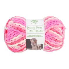 pink and white yarn ball with the words twisted tones on it's front end