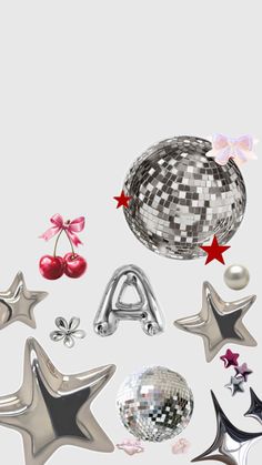 several shiny objects are arranged in the shape of stars and balls on a white background