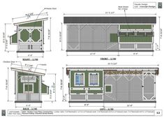 the plans for a chicken coop are shown in three different sections, including one with windows and