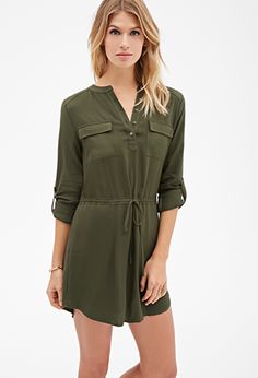 Drawstring Cargo Dress | LOVE21 - 2000099590 Olive Green Shirt Dress, Cargo Dress, Olive Green Shirt, Papaya Clothing, Olive Shirt, Shirt Dress Outfit, Green Shirt Dress, Olive Green Dresses, Green Shirt