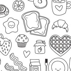 a black and white drawing of breakfast foods