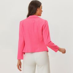 Create a modern sleek look even at the office with this stunning cropped blazer jacket. This smart collarless blazer features an angled hem which is shorter in the back for a fashionably cool look. An open-front design for showing your amazing top inside. The jacket offers a versatile piece for effortless layering looks. Pair it with jeans and sneakers for a casual look. Filled with contemporary takes on classic summer prints, great for office and causal wear, both professional and fashionable. Trendy Cropped Blazer For Work, Tailored Trendy Cropped Jacket For Work, Trendy Tailored Cropped Jacket For Work, Trendy Cropped Blazer For Formal Occasions, Trendy Cropped Formal Blazer, Tailored Cropped Office Blazer, Trendy Tailored Cropped Jacket For Office, Tailored Cropped Jacket For Office In Spring, Spring Office Cropped Jacket With Notch Lapel