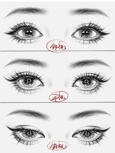 three different types of eyeliners with red ink on them