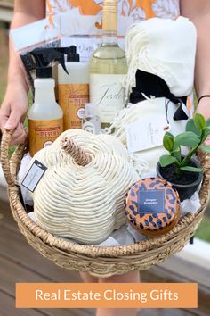 a woman holding a wicker basket filled with personal care products